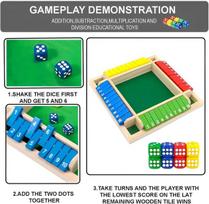 Ycaaeo Shut The Box žaidimas, Shut The Box kauliukų žaidimas, 4 žaidėjai, 4 spalvos, 8 kauliukų Shut The Box, medinis kauliukų žaidimas, medinis stalo žaidimas, matematinis edukacinis žaislas, vaikams ir suaugusiems