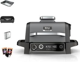 Ninja Woodfire elektrinė kepsninė-grilis ir rūkykla bei gruzdintuvė, 7-in-1 lauko kepsninė-grilis, gruzdinimas ore, rūkymas, kepimas, skrudinimas ir daugiau, atspari oro sąlygoms, nelimpanti, nešiojama, elektrinė, pilka/juoda Og701eu