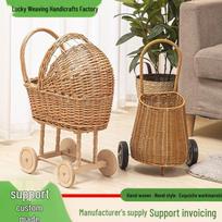 Hand-Woven Rattan Baby Walker & Photography Prop Stroller No beige
