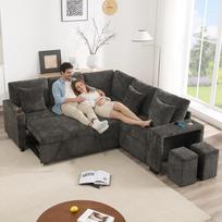 L formos transformuojama sofa-lova, su miego funkcija ir saugykla, puodelių laikikliu, porankiais, USB, USB-C jungtimis, ideali svetainei ir namų kino teatrui, pilka 220 x 205 x 86.5 cm pilka