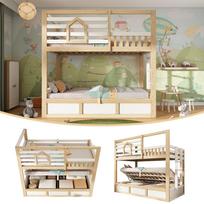Kids Bunk Bed 90x200 cm, Cabin Style White/Natural Wood with Window Safety Railing, Ladder, Hydraulic Storage for 2 Children, EN747 (Without Mattress) 210 x 102 x 184 cm