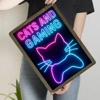 Neon Style Cat Gaming Controller Pattern Metal Tin Sign Home Decor Wall Art 20x30cm（7.8x11.8inch） blue