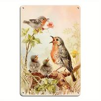 Vintage Robin Family Birds on Branch Floral Tin Sign  Durable Metal Wall Decor for Home Office Bar Man Cave 20x30cm（7.8x11.8inch） beige