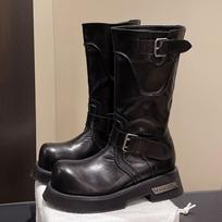 Women Punk Motorcycle Street Black Big Toe Platform Square Heels Mid calf Buckle Belt for Adult Women 40 black