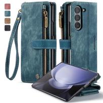 Leather Case for Samsung Galaxy Z Fold 7 Fold6 5 4 3 5G W23 W22 Card Holder Magnetic Buckle Wallet Phone Cover with Hand Strap ZFold7 mėlyna