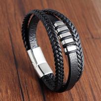Fashion Male Jewelry Bracelet Multilayer Braid Leather Rope Chain Stainless Steel Magnetic Clasp WristBand Male Jewelry 21cm