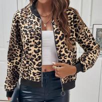 Leopardo rašto striukė su užtrauktuku, elegantiška ilgomis rankovėmis kontrastingos apdailos striukė pavasariui ir rudeniui, moteriški drabužiai M leopardo rašto spalva