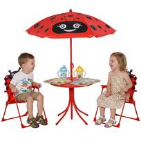 4-Piece Children's Outdoor Set with 2 Folding Chairs, Garden Umbrella and Round Table, Steel and Oxford Fabric Garden Set, Red