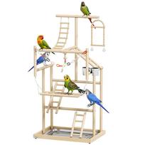 Parrot Perch with Toys, Ladders, Chains, Bowls, Removable Tray and Perches, Natural Wood