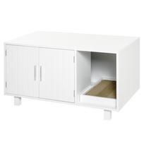 Wooden Cat Litter Box Cabinet with 2 Doors and Side Opening with Scratching Post, White