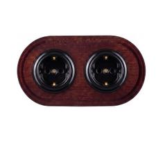 Elhard - Dviguba keraminė retro rozetė namams su rėmu SCHUKO 230V juoda/mediena