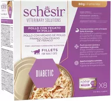 Schesir Veterinary Solutions Diabetic, šlapias pašaras, katėms, vištiena ir kepenėlės, sultinyje, 8x80g, skardinė (SR-1105)