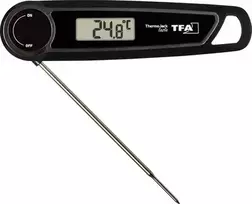 TFA THERMO JACK TASTE Skaitmeninis virtuvės termometras su laikmačiu ir signalu, nerūdijančio plieno zondas, 160 mm, -50 iki +300 °C, LCD ekranas, juodas/baltas