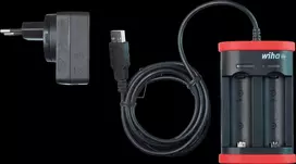 WIHA 41915 USB įkroviklis Li-Ion baterijoms, 2 lizdų, 5V DC įėjimas, 3,6V DC išėjimas, 1A vienam lizdui, LED indikatorius, juodas/raudonas