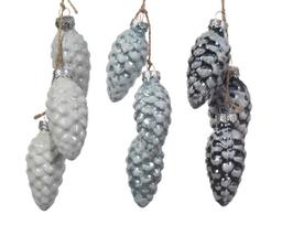Stiklinių kalėdiniū eglės žaisliukų rinkinys PINECONE, melsvos sp., 3 x 6 cm, 3 vnt