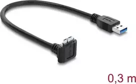 Delock USB 5Gbps laidas USB Type-A kištukas į USB Micro-B kištuką su fiksavimo varžtais 90° kampu į viršų 0,3 m juodos spalvos