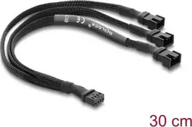 Delock ventiliatoriaus skirstytuvas 1 x 4-Pin PWM moteriška į 2 x 4-Pin PWM vyriška (3 kontaktai prijungti ant antrojo) pintas apvalkalas 30 cm juodas