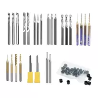 MAKERA Carvera Essential Extended frezų rinkinys (52 vnt.) – kieto volframo karbido CNC frezos, 1/8 inch ir 1/4 inch kotai, įvairių tipų medžiui, plastikui, aliuminiui, PCB