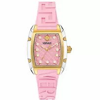 Versace VE8K00224 moteriškas kvarcinis laikrodis, 45 mm, pilko nerūdijančio plieno korpusas, rožinis ciferblatas, rožinis silikoninis dirželis