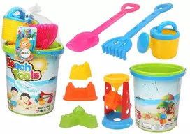 LEAN TOYS Smėlio žaislų rinkinys su kibirėliu, smėlio malūnėliu, laistytuvu ir spalvotomis formelėmis
