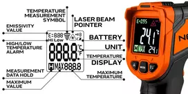 NEO TOOLS 75-276 pirometras – bekontaktis infraraudonųjų spindulių termometras su dvigubu lazeriniu taikikliu, -50°C iki 880°C, 12:1 D:S, reguliuojamas spinduliavimo koeficientas, apšviestas LCD