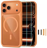 Tech-Protect MagOne CC MagSafe + grūdintas stiklas, 2 vnt. dėklas iPhone 18 Pro / 17 Pro – permatomas oranžinis
