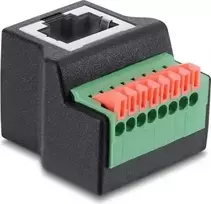 Delock RJ45 moteriškas į 8 kontaktų gnybtų bloką adapteris, 90° kampu, su mygtuku, juodas