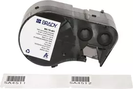 Brady M5-75-461 savaime laminuojančių poliesterio etikečių rulonas, juoda ant baltos/skaidrios, 25,40 x 66,68 mm, nuolatiniai klijai, 120 etikečių