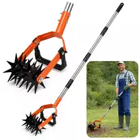 LEAN TOYS rotacinis sodo ravėtuvas su teleskopine rankena, 5 žvaigždiniai dantys, reguliuojamas 90-150 cm, žalias/juodas