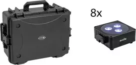 EUROLITE rinkinys 8x AKKU Flat Light 3 sw + plastikinis krepšys su vežimėliu RGBW LED QuickDMX