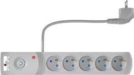 GETFORT 5P-3M-G-USB 5 lizdų apsauginis prailgintuvas su 2 USB prievadais, 3 m kabeliu, pilkas