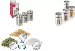 Metaltex Shake Line prieskonių barstytuvų rinkinys, 3 vnt., stikliniai su nerūdijančio plieno ir plastiko sukamaisiais dangteliais, 100 ml kiekvienas 259851000