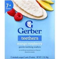 Gerber, Kramtukai, švelnūs dygimo vafliai, 7+ mėnesių, mango ir aviečių, 12 atskirai supakuotų 2 vnt. pakuočių po 0,14 uncijos (4 g) kiekviena