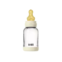 Bibs SEILINTUKAI - stiklinis kūdikių buteliukas, apvalus, lateksinis, lėto srauto - dramblio kaulo spalvos - 120 ml