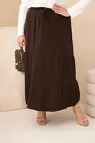 Moteriškas Plus Size medvilninis muslino sijonas su raukiniais ir elastiniu juosmeniu, rudas
