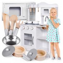Medinė virtuvėlė vaikams KITCHEN su puodais, kriaukle, įrankiais ir mikrobangų krosnele