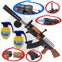 Žaislinis AK-47 Kalashnikov spyruoklinis automatas su dviem granatomis ir 800 šratais