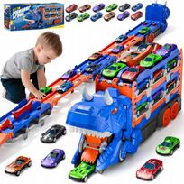 Žaislinis dinozauro formos automobilių transporteris su lenktynių trasa ir 12 mašinėlių, 3 viename rinkinys