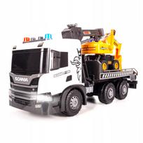 Didelis SCANIA P 410 vilkikas su ekskavatoriumi, šviesomis ir garsais