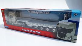 Metalinis sunkvežimio modelis WELLY Scania V8 R730 su puspriekabe, 1:64 mastelis