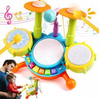 Vaikiškų būgnų muzikinis rinkinys: 3 būgnai, pianinas, mikrofonas, lėkštės