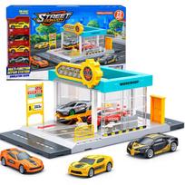 Žaidimų garažas su paleidimo įrenginiu ir 4 mini automobiliais