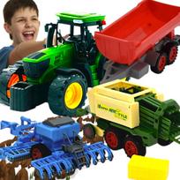 Žaislinis traktorius JOHN DEERE su presa, kultivatoriumi ir grūdų priekaba