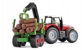 Žaislinis traktorius Massey Ferguson su priekaba ir rąstais SIKU Blister