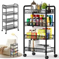 Virtuvinis vežimėlis KITCHEN TROLLEY, 4 siaurų lentynų bloku, su šoniniais kabliukais, juodas