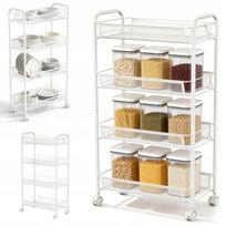 Virtuvinis vežimėlis KITCHEN TROLLEY, 4 aukštų, siauras, su ratukais, baltas, XL, su šoninėmis kabėmis