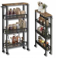 Virtuvinis vežimėlis-lentyna KITCHEN TROLLEY, 4 aukštų, siaura, medinė, su ratukais, metalinis rėmas