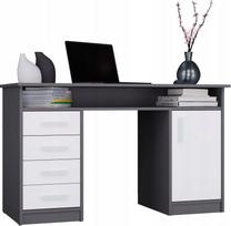 Rašomasis stalas ADA, antracito ir baltos spalvos, 125 cm, su 4 stalčiais, 3 lentynomis ir durelėmis