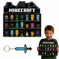 Lentynėlė Minecraft figūrėlėms, tinka 28 Kinder Joy, su nemokamais raktų pakabukų stovais
