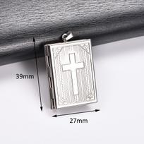 Stainless Steel Cross Book Shape Photo Locket Pendant Necklace for Women Men Carved Picture Box Frame Charms Chain Metal Jewelry black